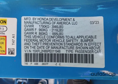 2023 Honda Civic Sport из США, поврежденный, VIN 19XFL2H86PE011948